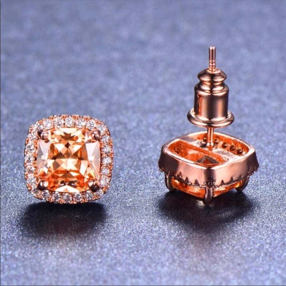 New Rose Gold Morganite Diamond Stud Earrings - Picture 2 of 5